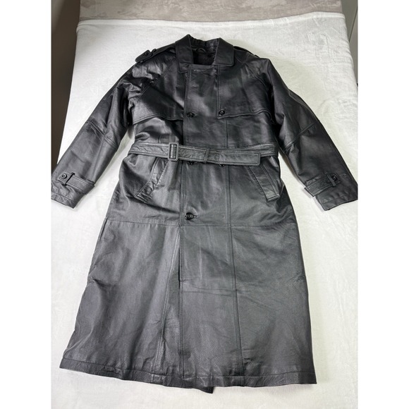 WILDA Genuine Leather Belted Trench Coat Jacket Black Mens Size XL Sherpa Liner - Picture 3 of 14